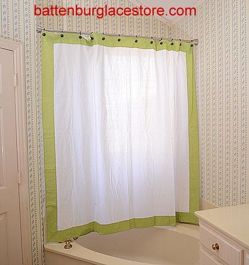 Shower Curtain. White with Macaw Green border
